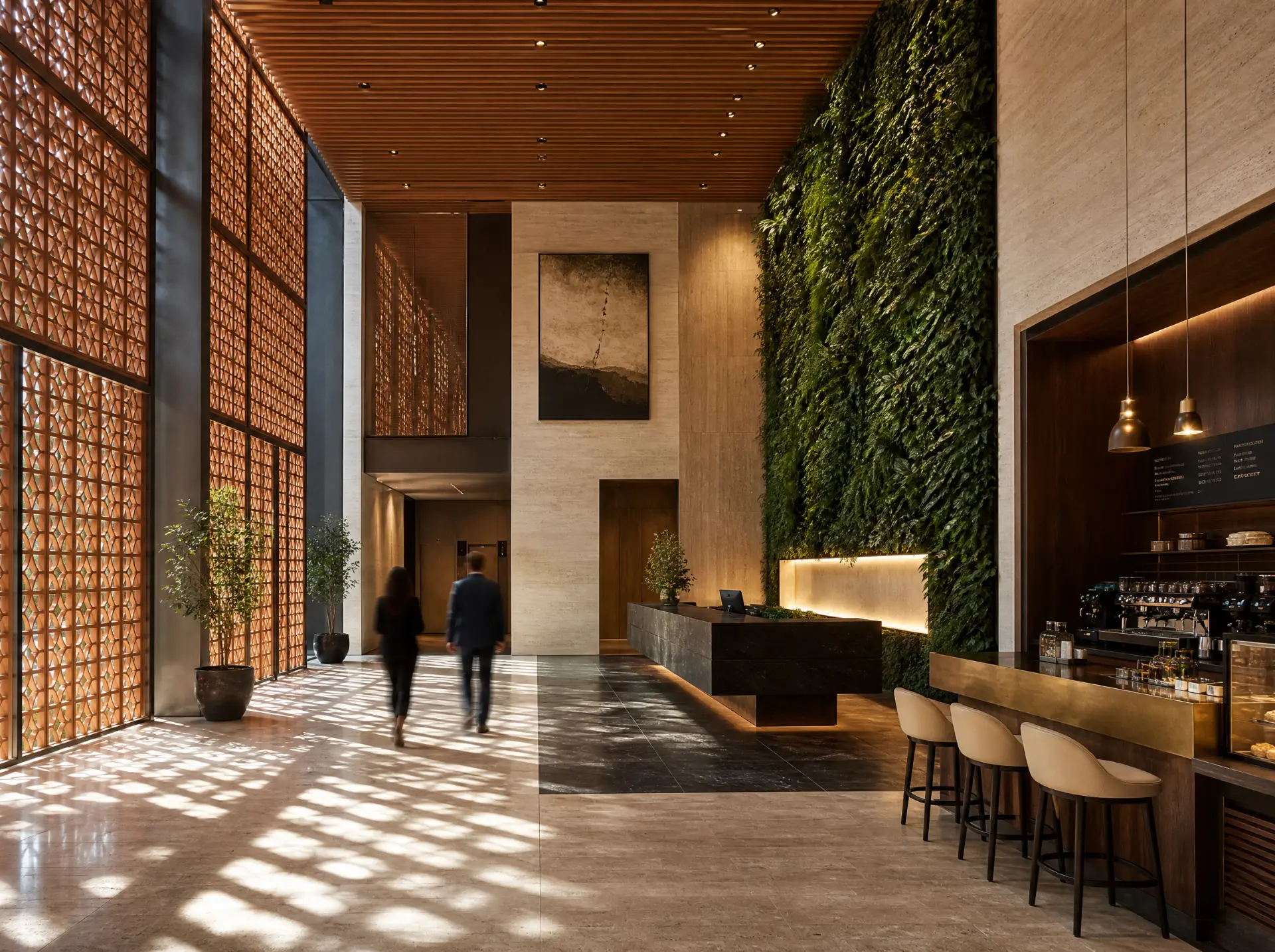 The Alpha Tower ground floor lobby with reception desk and café